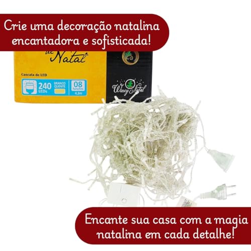 Cascata LED de Natal 127V - 4,3m com 240 LEDs Branco Quente, 8 Funções, Fio Transparente, Decoração