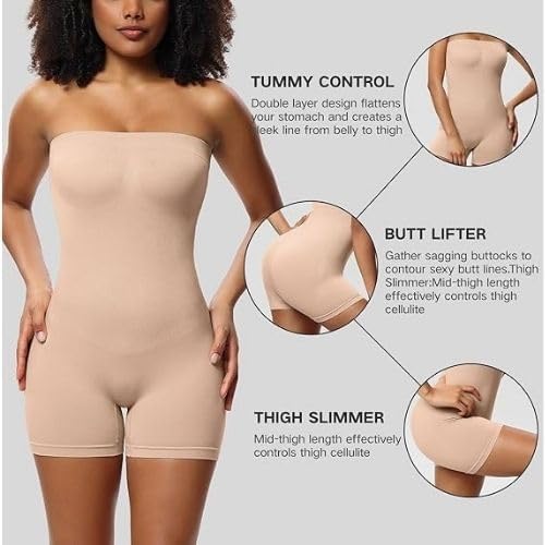 Image of Women's Seamless Tummy Control Shapewear Bodysuit with Adjustable Straps | Slimming Full Body Shaper with Shorts | Body Compression for Under Dresses (Pack of 2)