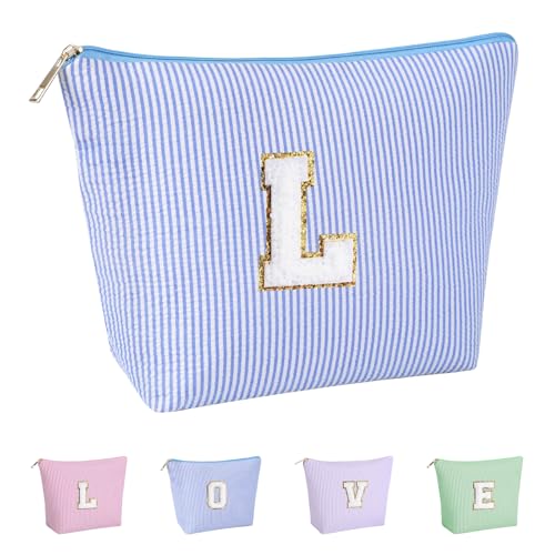 Huifen Initial Makeup Bag for Girls, Toiletry Bag for Teens Kids(Blue, L)