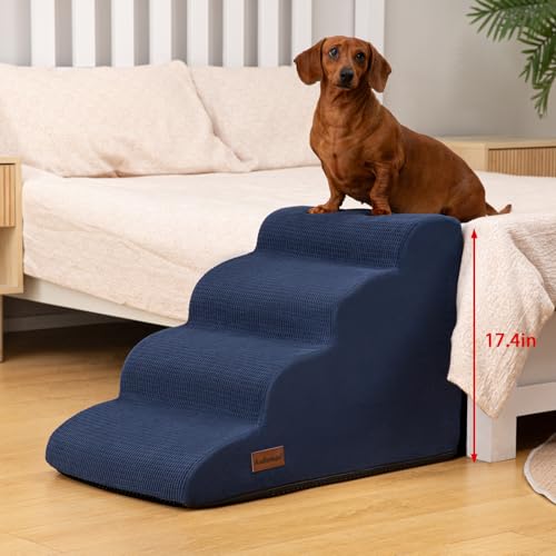 Image of Aodisman 4-Step Dog Stairs and Ramp for Beds or Couches,Non-Slip Sturdy Pet Steps for Small Dogs and Cats,17.4 inch H,Blue