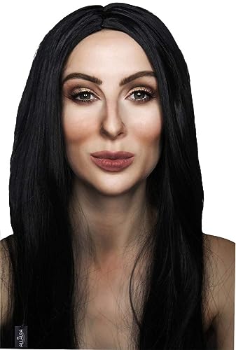 Image of ALLAURA Compatible with Morticia Wig - 32 inch Long Straight Black Wig for Women - Ideal for Cher Costume, Witch Look, 70s Disco, Halloween, Morticia Addams Cosplay, Glam Party, Retro or Gothic Outfits