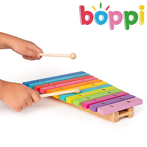 boppi Natuurhouten muzikale Xylofoon speelgoedinstrument voor peuters en baby met 2 houten hamers en 12 regenboog gekleurde sleutels voor kinderen en kinderen 32CM lang vanaf 18 maanden - Image 3