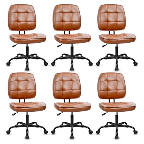 Image of CLATINA Armless Home Office Chair with Lumbar Support and Wheels, Small PU Leather Ergonomic Low Back Desk Chairs No Arms, Adjustable Height 360 Swivel Rolling Computer Task Chair, Brown, 6 Pack