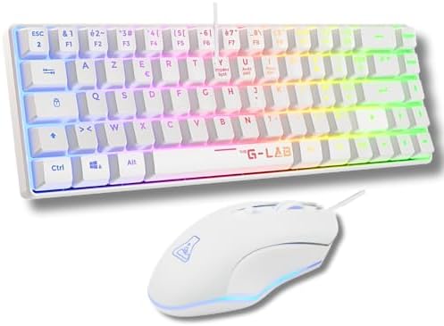 The G-Lab - Combo Hydrogen - Pack Clavier Souris Gamer, Clavier Gamer 60% Filaire, Rétroéclairage RGB, azerty, Format Compact + Souris Gaming RGB, 6 Boutons, 6200 DPI - PC/PS4/PS5 – Blanc