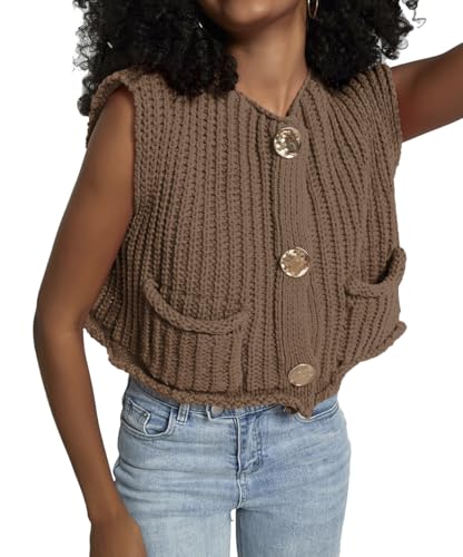 Women's Sleeveless Crochet Cardigan Vest Casual Fashion Button Down Open Front Sweater Vest with Pockets