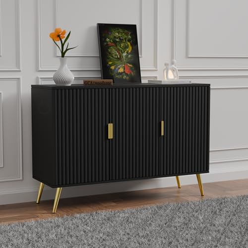 Image of Wooden Sideboard Cabinet 3 Door for Living Room | Crockery Cabinet for Dining Room | Storage Cabinet with Doors | Wooden Console Cupboard Home | HDMR Wood with Metal Legs | Black & Gold