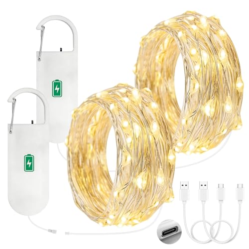 Bigzom Guirnalda de Luces con Batería Recargable, 2x50LEDs Guirnalda de Luces 5M con Cable de Carga USB, Guirnalda USB para Decoración de Interiores Fiestas Bodas Navidad (Blanco Cálido, 2 Piezas)