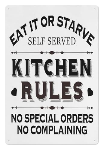 Vintage Farmhouse Kitchen Sign Country Kitchen Rules Funny Rustic Tin Wall Art for Home Decor Dining Room or Bar 8 X 12 inch