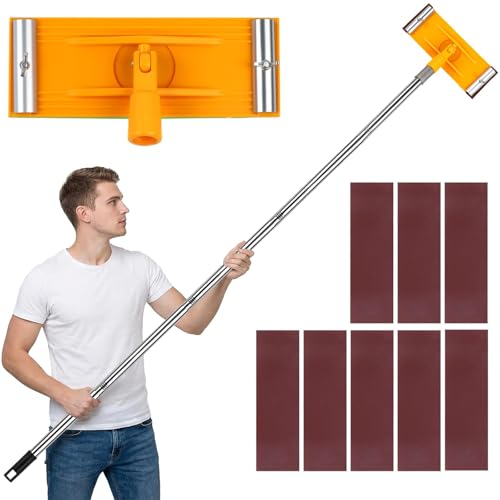 Heavy Duty Pole Sander with Swivel Head 74.8 Extension Pole & 8 Sandpapers | 360-Degree Sanding for Floors Walls Ceilings | No Ladder Needed | Universal Fit | Complete Kit
