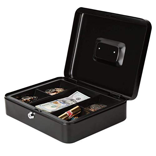Royal Brands Cash Box with Key Lock, Portable Metal Storage Box, Money Box w/Double Layer 2 Keys for Security, Festivals, Fundraisers, Garage/Yard Sales (Black, XL 12x9.5x4 in)