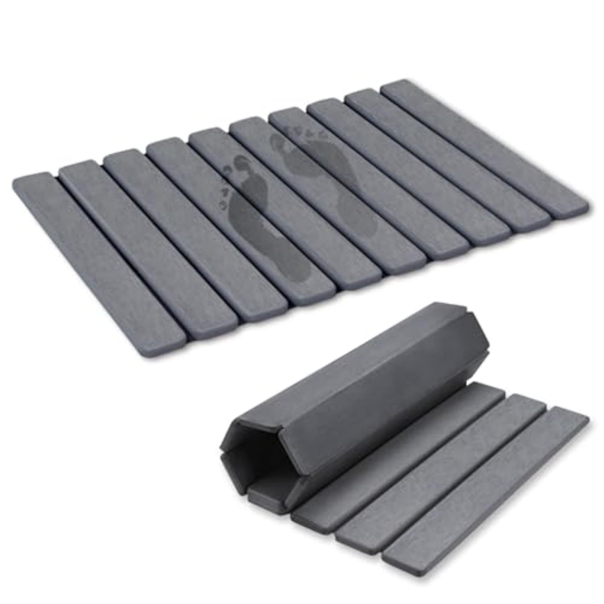 Rollable Dish Drying Mat, Gray Wood Slat Design