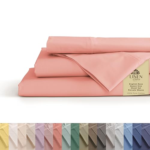 Image of Linen Home 100% Cotton Percale Sheets Queen Size, English Rose, Deep Pocket, 4 Pieces Set - 1 Flat, 1 Deep Pocket Fitted Sheet and 2 Pillowcases, Crisp Cool and Strong Bed Linen