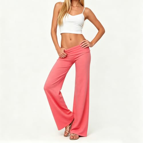 Image of Lounge Yoga Pants for Women Fold Over Low Waist Wide Leg Bell Bottoms | Y2K Foldover Pants, Flare Leggings, Low Rise Yoga Sweatpants