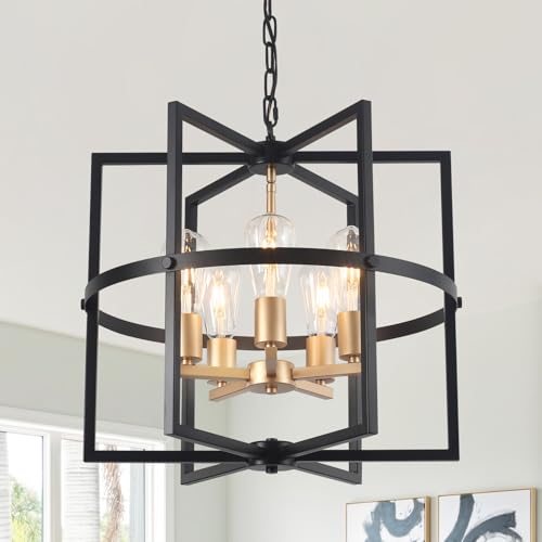 Febeleven 5-Lights Black and Gold Pendant Ceiling Light, Industrial Pendant Light Fitting Chandelier Hight Adjustable Lighting for Kitchen Islands, Dining Rooms, Foryer