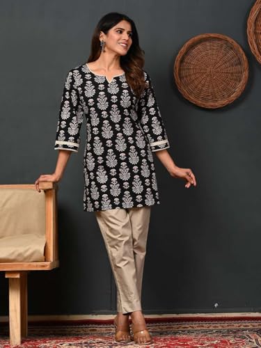 Image of Rimeline Women's Floral Printed Cotton Kurti Top | Round Notch Neck 3 /4 Sleeve Straight Fit Casual Tunic