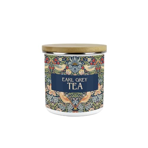Image of Purely Home Blue Strawberry Thief Earl Grey Tea Canister - White Metal/Enamel Medium 600ml Kitchen Storage Container Gift