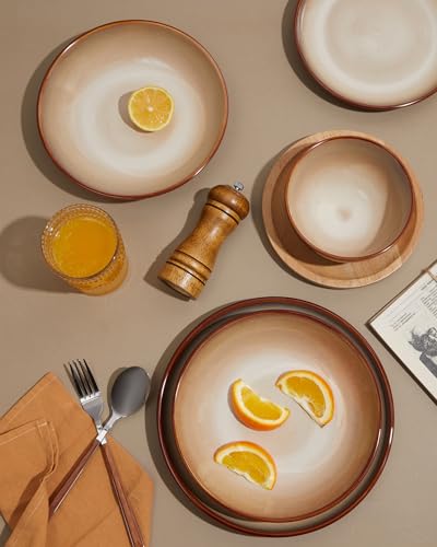 Image of Pokini Ceramic Dinnerware Sets for 6, 18 Pieces Stoneware Plates and Bowls Sets, Chip and Crack Resistant Dishes, Dishwasher & Microwave Safe Dishware Sets, Brown Yellow