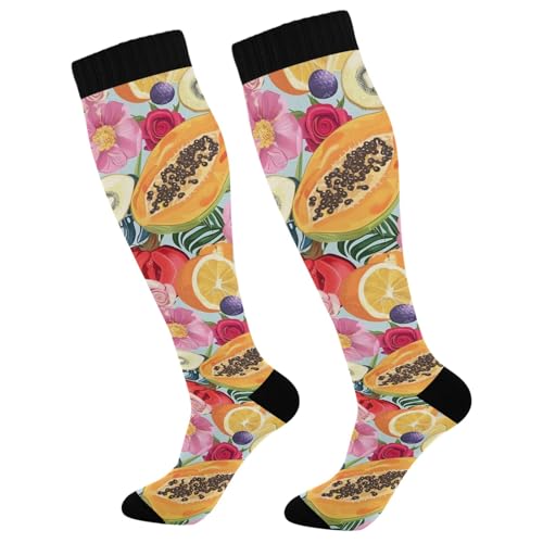 ALAZA Athletic Compression Socks Knee High Socks Stockings for Women Pawpaw Fruits Flower Running Circulation Sport Football