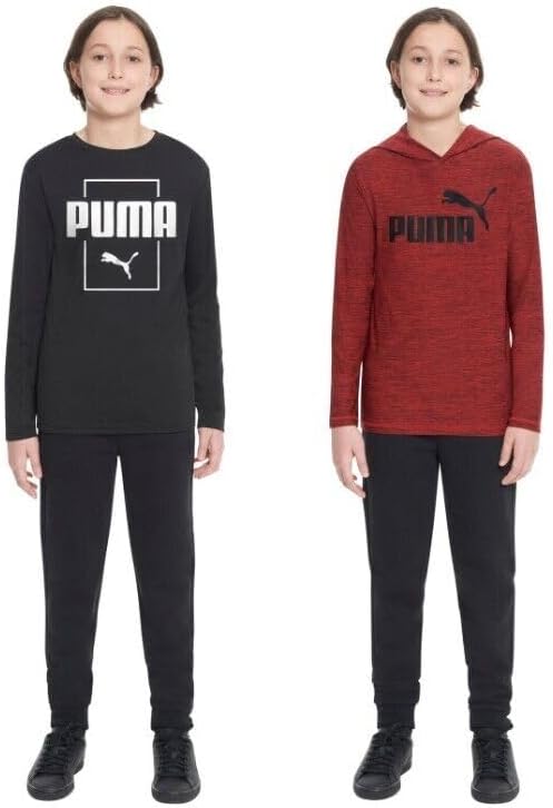 PUMA Boys Long Sleeve Tees, 2 Pack, 1 Regular, 1 Hooded (US, Alpha, Large, Regular, Red/Black)