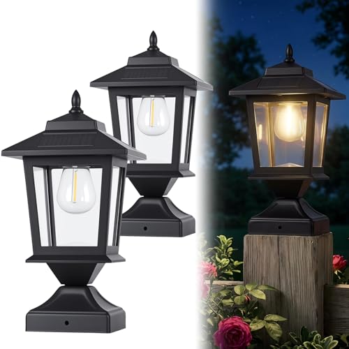 Derynome Solar Post Cap Lights,Waterproof Outdoor Light for 4x4 Wooden Posts, Solar Lights with Glass Shade for Deck Fence Patio Post Decor,Matte Black (2 Pack)