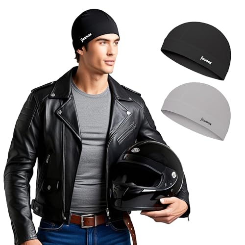 Jimmox Helmet Skull Cap for Men & Women | Breathable Cycling Cap | Sweat-Wicking Helmet Liner | Lightweight Cooling Beanie for Biking, Running, Outdoor Sports | Black Grey | Pack of 2