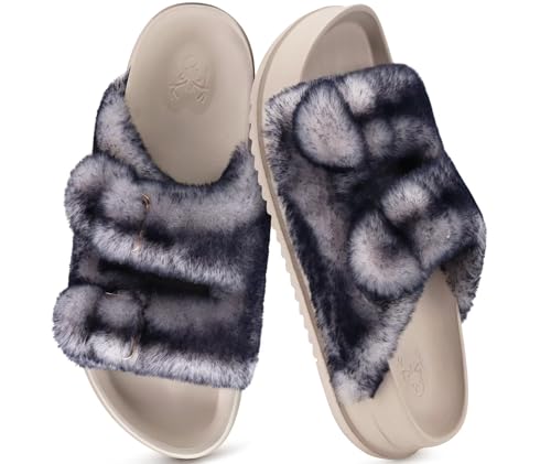 Image of KuaiLu Women's Fluff Slippers Plantar Fasciitis Arch Support Platform Slippers Ladies Fashion Open Toe Faux Fur Sliders Womens House Slipper Size 6-12