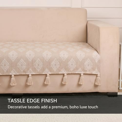 Image of STITCHNEST 'Verdant Rekhika Stories' 1 Seater Sofa Cover| Elegant Jacquard Fabric, Decorative Tassels, Washable & Durable for Modern Living