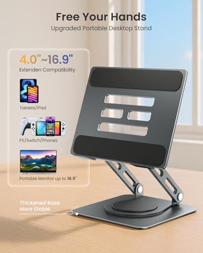 Image of LOXP Metal Tablet Stand, 360 Rotating iPad Stand with Heavy-Duty Base, Tablet Holder Compatible with 4.0-16.9 inch Device, iPad Pro Air Mini, Kindle, Surface Tablet, Portable Monitors - Gray