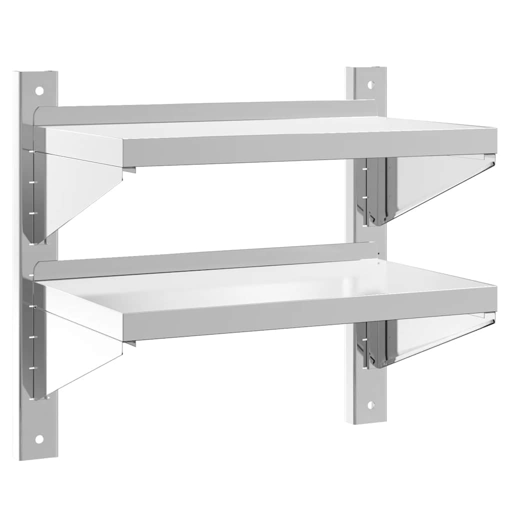 Estantería de pared con 2 estantes, acero inoxidable, 50 x 30 x 48 cm, robusta estantería flotante con borde para cocina, garaje y laboratorio, color plateado cepillado para montaje en pared