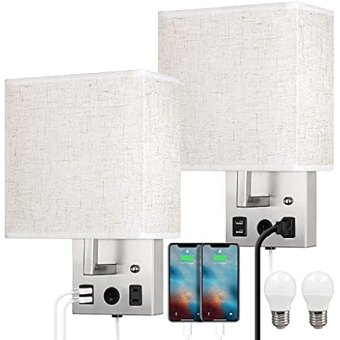 CADUKE Bedside Wall Lamp Set of 2, Plug in Wall Light with USB Charging Ports and AC Outlet Socket, Brushed Nickel Modern Wall Sconces with Plug in Cord for Bedroom Living Room, E26 LED Bulb Included Cover
