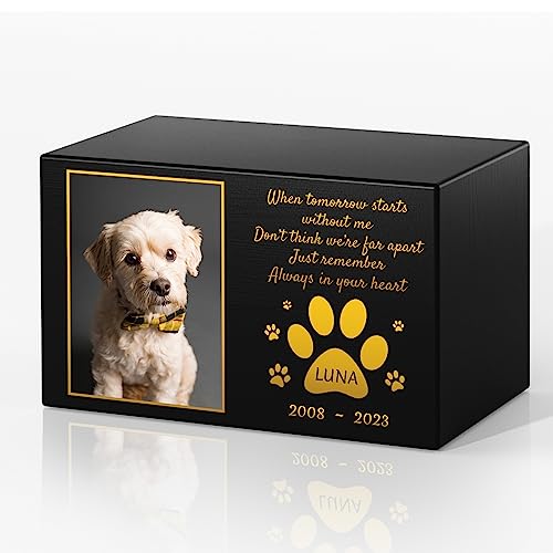 Bemaystar Personalized Pet Urns for Dogs Ashes - Custom Wooden Box with Photo for Pet Memorial Keepsake, Photo Box Pet Cremation Urn, Sympathy Gift for Pet Lovers Suitable for Weights Up to 125 lbs