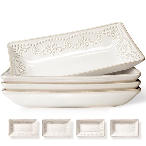 Artena Salad Plates Set Of 4, 9.85' Embossed Ceramic Rectangular Appetizer Plates, Deep Lipped Edges, Microwave & Dishwasher Safe, Dessert Sushi Pasta Serving Plates (White, Multiple Patterns)