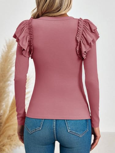 Image of Tankaneo Womens Ruffle Long Sleeve Shirts Fitted Ribbed Knit Tops Fall Casual Crew Neck Tees