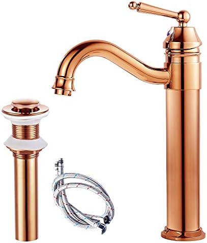 Bathroom Sink Faucets One Hole Single Lever Handle Tall Body Rose Gold Copper Finish with Pop Up Drian Without Overflow Vessel Faucet