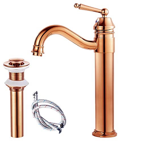 Bathroom Sink Faucets One Hole Single Lever Handle Tall Body Rose Gold Copper Finish With Pop Up Drian Without Overflow Vessel Faucet #TOP17
