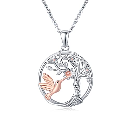 Hummingbird Necklace Tree of Life Necklace 925 Sterling Silver Tree Hummingbird Pendant Flowers Bird Necklace for Women Animal Hummingbird Jewelry Gifts Mother's Day