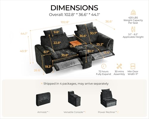 Image of 102.8'' Loveseat Power Recliner Sofa with Headrest, Oversized Cloud Modular Sectional Reclining Couch with Table, Storage Drawer, Charging, 2-Seater for RV Home Theater, Chenille, Black