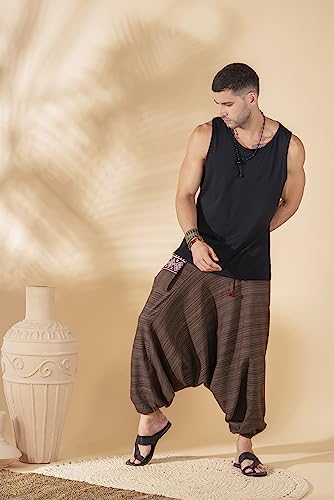 Image of The Veshti Company Cotton Baggy Pants Drop Crotch Harems for Men's Loose Boho Oversized Striped Meditation Yoga Pant with Pocket