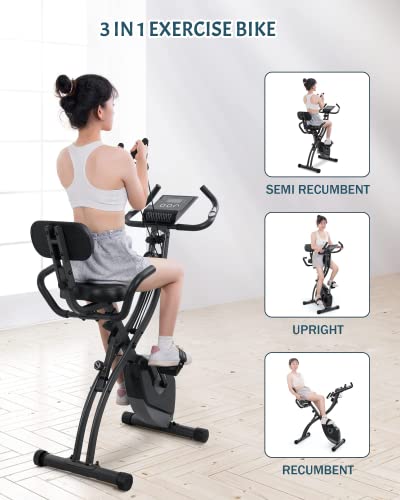 Exercise Bike Slim Cycle Stationary Bike Folding Exercise Bike Foldable Magnetic Upright Recumbent Bike Cycling 3 in 1 Exercise Bike with Arm Resistance Bands Perfect for Men and Women at Home