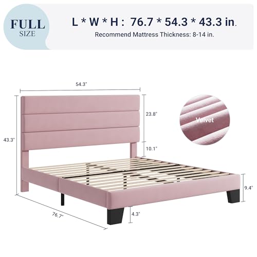 Allewie Full Size Platform Bed Frame with Velvet Upholstered Headboard and Wooden Slats Support, Fully Upholstered Mattress Foundation/No Box Spring Needed/Easy Assembly, Pink