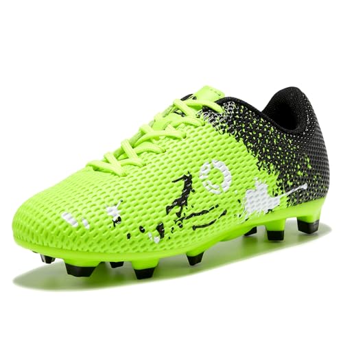LEOCI Scarpe da calcio per bambini Ragazzi e ragazze Outdoor Astro Soccer Boots Rugby Studs Scarpe, Verde Nero Bianco, 35 EU