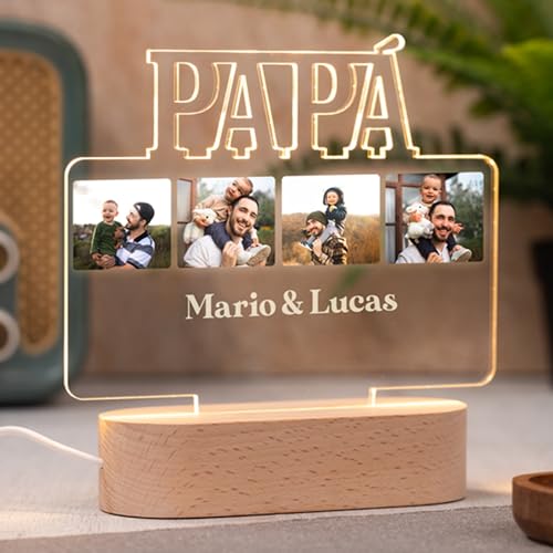 Made in Gift Lámpara de Metacrilato Personalizada “Papá” 20x17cm con Fotos y Textos con Base de Madera con Luz Blanca como Regalo Original para el Día del Padre