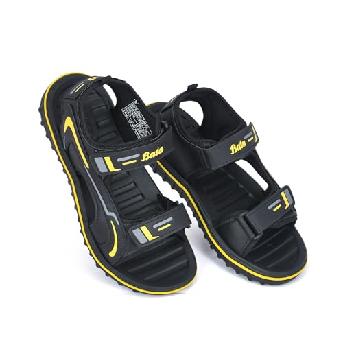 Image of Bata Men's Sports Sandals, Dual Velcro Strap, Textured Sole (BLACK /YELLOW, UK Footwear Size System, Adult, Men, Numeric, Medium, 8)