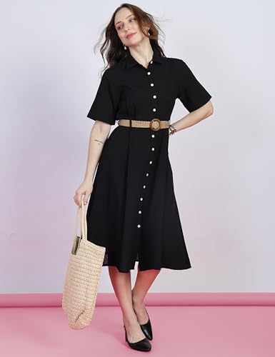 Image of FYLTR Women's Solid Midi Dress - 100% Cotton | Half Sleeve | Western Dress for Women | Office wear Dress (Belt Included)