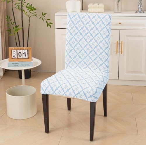Image of HOMETHREADS Stretchable Elastic Jacquard Chair Seat Cover | Removable, Washable & Durable Chair Protector | Ideal for Dining Room, Kitchen, Restaurant & Party Chairs (F Blue, Pack of 4)