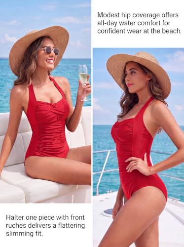 Image of Smismivo Tummy Control Swimwear Halter One Piece Slimming Vintage Retro Swimsuit Womens Ruched Push Up Bathing Suit