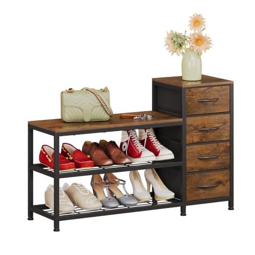 Image of EXOTICA Industrial Shoe Storage Bench with 4 Drawers & Seat, Rustic Brown