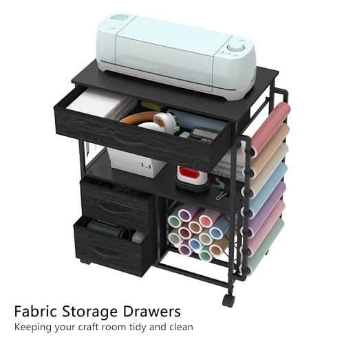 Image of VENNQD Storage Cart Compatible with Cricut Machines Stand Cutting Machine Stand with Drawers and Vinyl Roll Holder Rolling Craft Cabinet Table for Cricut Craft Workstation for cart Craft Room (Black)