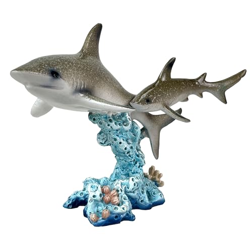 Estatua de doble tiburón sobre arrecife de coral de resina pintada a mano 10 pulgadas miniatura 2