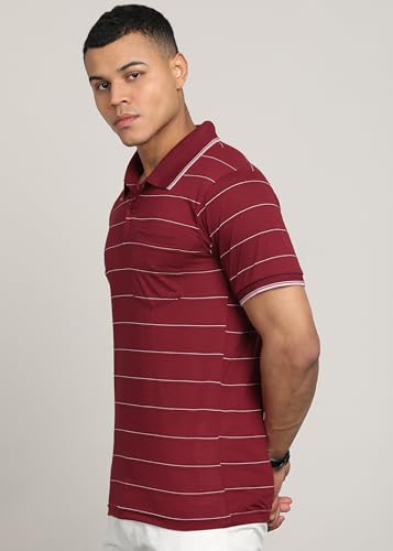 Image of INKKR Men Striped Polo Neck Cotton Blend T-Shirt